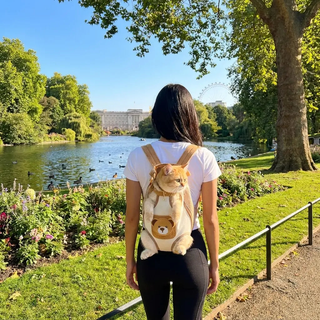 Rear view of the Consigliere Carrier worn as a backpack with an orange cat