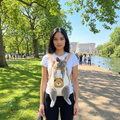 Person wearing the cream Consigliere Carrier with a grey cat