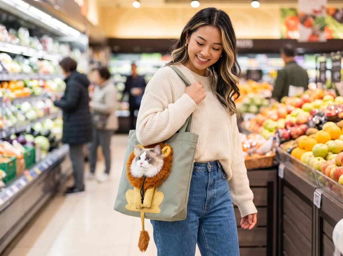 Sage Mane Boss lion tote carrier with a ragdoll cat
