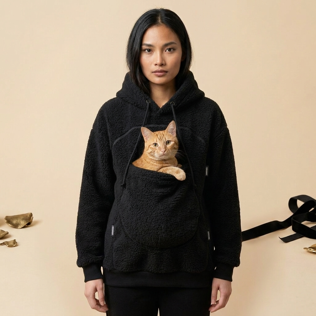 Model wearing the black Underboss Carrier with an orange cat