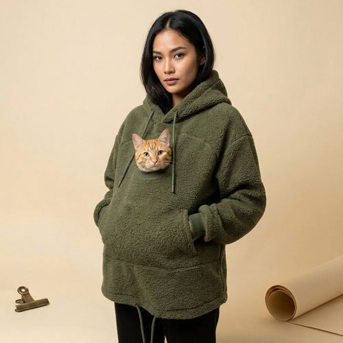 Woman wearing the olive Underboss Carrier with an orange cat in its front pouch
