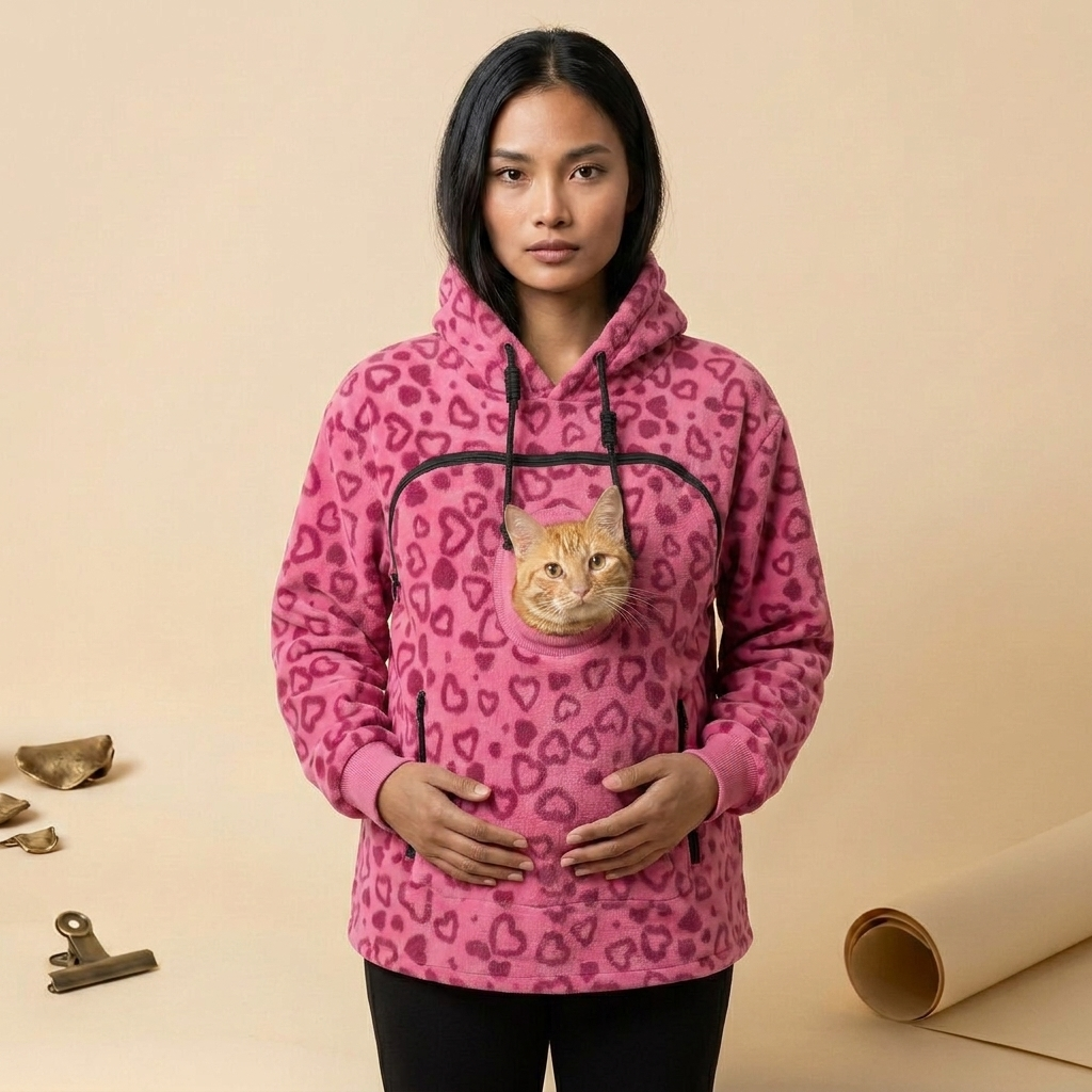 Model wearing the pink leopard Underboss Carrier with an orange cat
