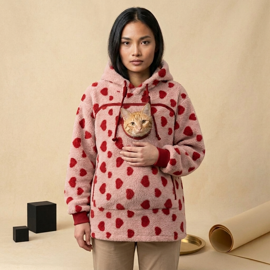 Model wearing the red hearts Underboss Carrier with an orange cat